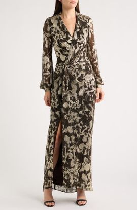 Betsy & Adam Betsy & Adam V-Neck Crinkle Metallic Floral Dress