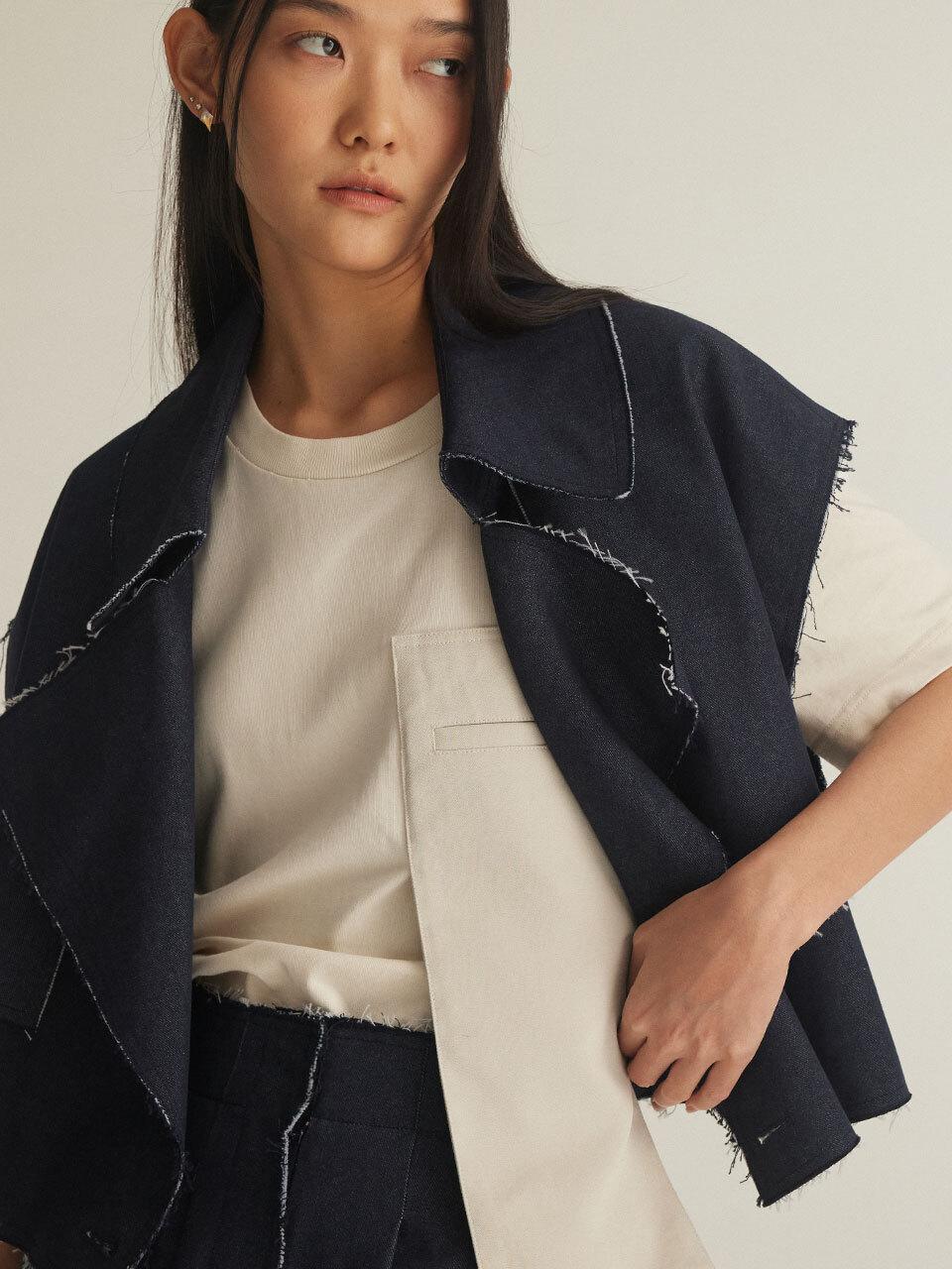 BETTERKIND Raw edge denim trench short vest