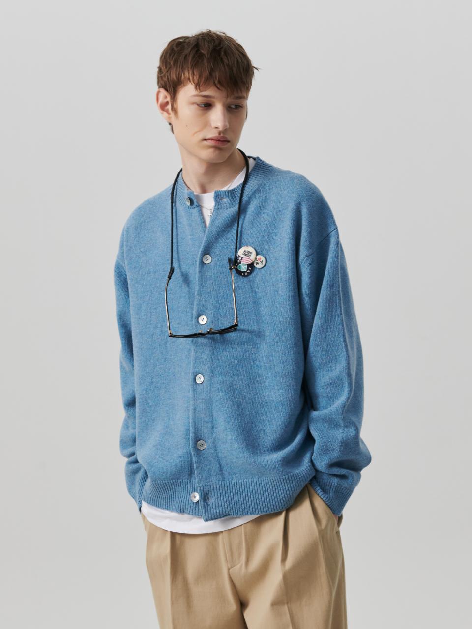 beyondcloset Archive Fine Wool Blended Round Cardigan [Turquoise Blue]