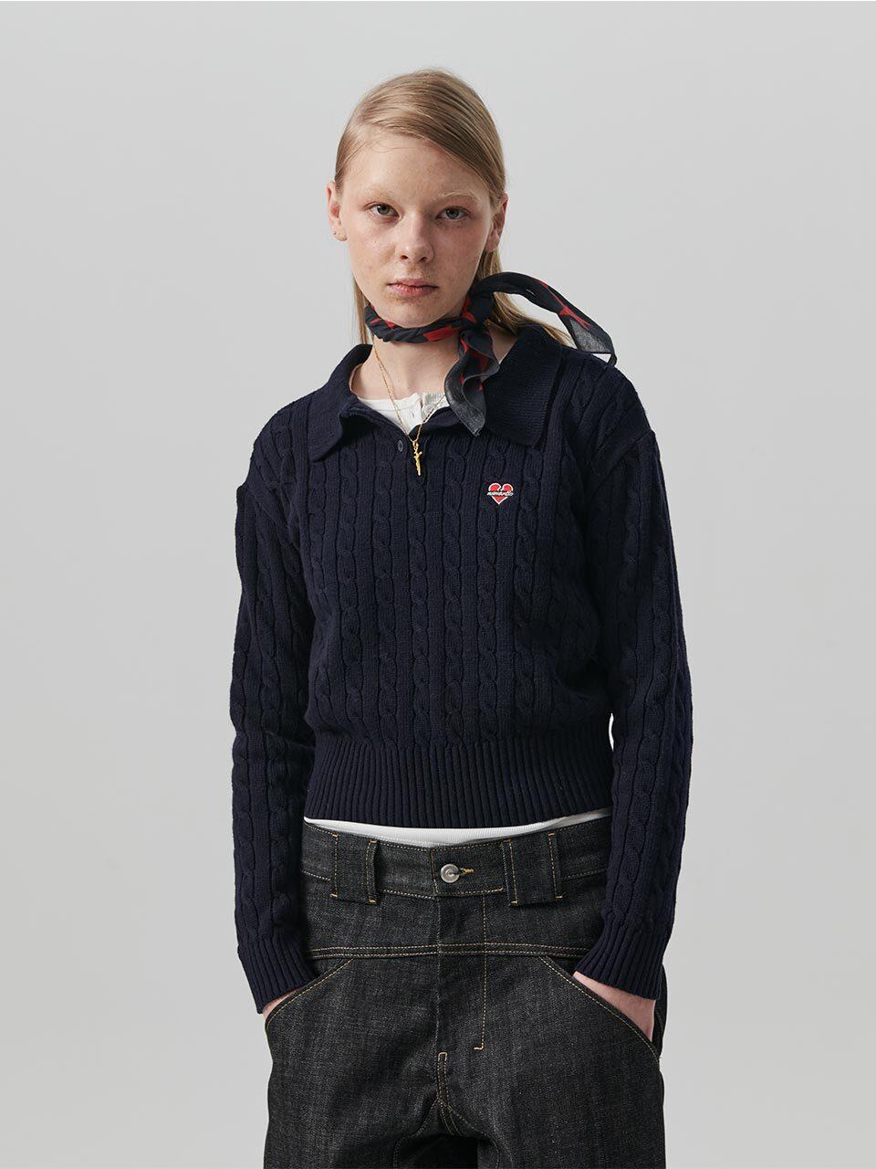 beyondcloset Cashmere Blended Cable Pique Collar Knit [Navy]
