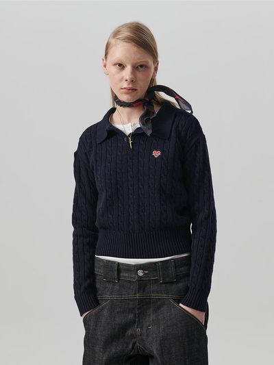 beyondcloset Cashmere Blended Cable Pique Collar Knit [Navy]