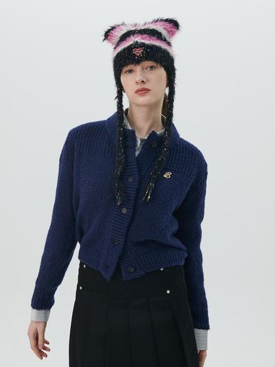 beyondcloset Classic Logo Air Wool Blended Hand-Knitted Cardigan [Navy]