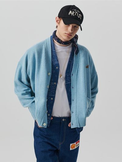 beyondcloset Classic Logo Cashmere Blended Semi-Oversized Cardigan [Turquoise Blue]