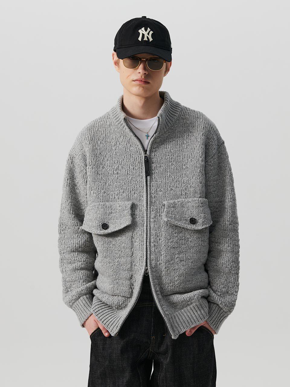beyondcloset Crease Garment Wool Blended Zip-up Cardigan [Gray]