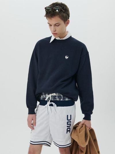 beyondcloset Fleece-lined Parisian Patch Sweatshirt [Navy]