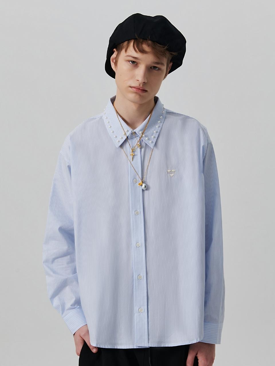 beyondcloset Romantic Pearl Collar Detail Stripe Shirt [Sky Blue]
