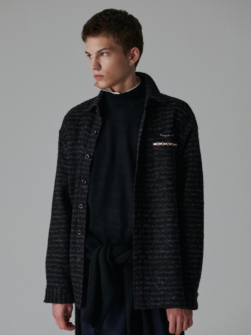 beyondcloset Tweed Patch Signature Wool Blended Shirt [Black]