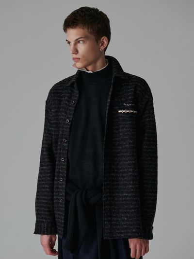 beyondcloset Tweed Patch Signature Wool Blended Shirt [Black]