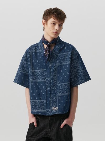 beyondcloset Vintage Bandana Denim Short Sleeve Shirt [Indigo Blue]