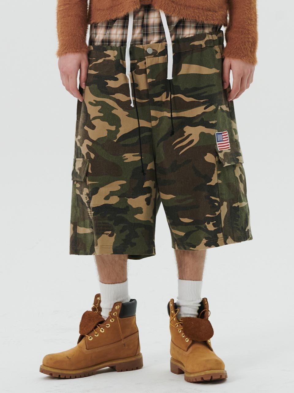 beyondcloset Vintage Wash Camo Cotton Cargo Pants [Khaki]