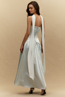 bhldn anna sleeveless satin layered sheer crepe maxi dress Anna Drop-Waist Stretch Satin Maxi Dress