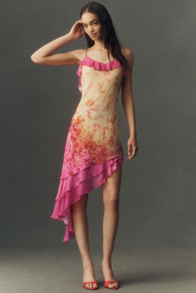 BHLDN Asymmetric Ruffle Midi Slip Dress