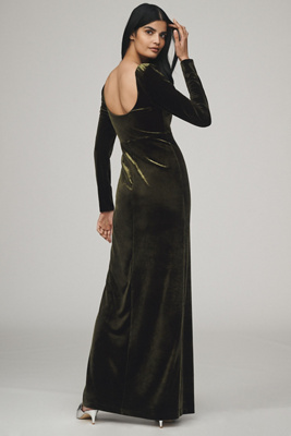bhldn mock-neck lace stretch velvet maxi dress BHLDN Mock-Neck Lace Stretch Velvet Maxi Dress