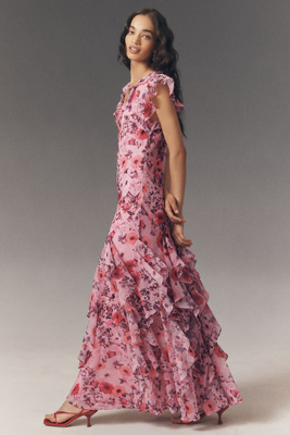 knee length dresses for ladies Floral Frill Trim Flounce Sleeve Plunge Maxi Dress – The Gathering Garden
