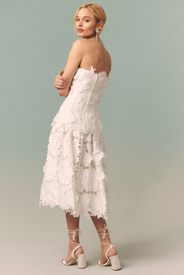 bhldn strapless midi ruffle dress BHLDN Strapless Tiered Ruffled Midi Dress