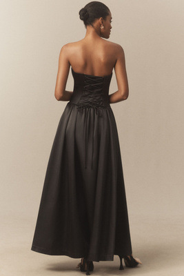 bhldn miley strapless drop waist high shine satin maxi dress Straight Neckline