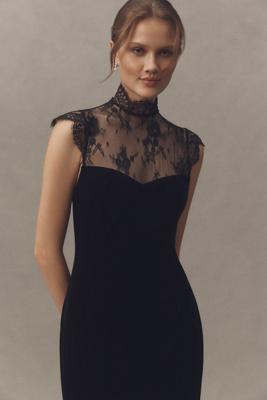 knee length dresses for ladies Betsy & Adam Womens Petites Sheer-Sleeve Long Evening Dress Black 14p main image 0