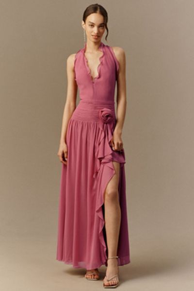 BHLDN Plunge Halter-Neck Chiffon Maxi Dress