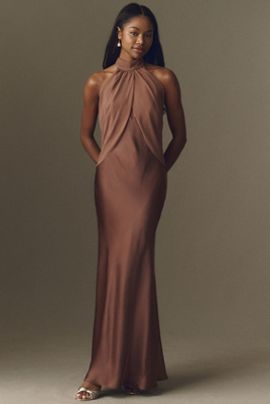 BHLDN Renae Chiffon Satin Halter-Neck Gown