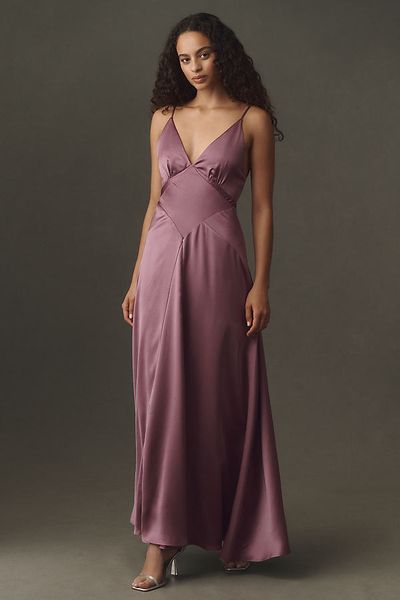 BHLDN Satin Bias-Cut V-Neck Maxi Dress
