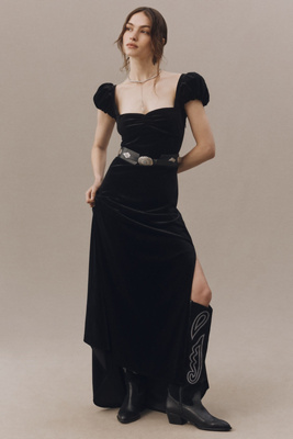 bhldn black velvet dress Amelia Deep-v Stretch Velvet Maxi Dress In Black