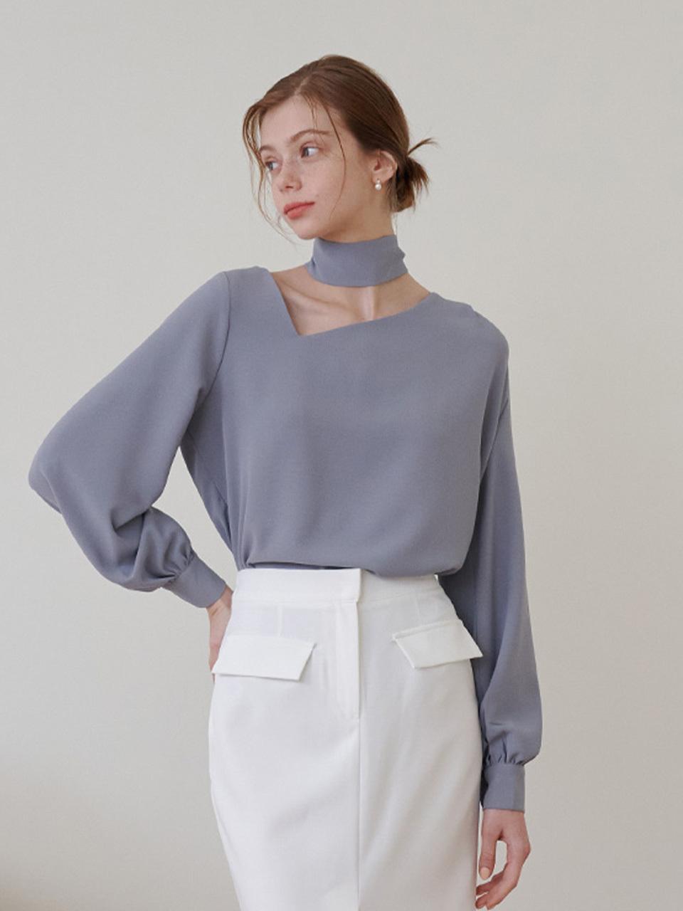 bibyseob Asymmetrical Tuck Scarf Blouse - Ash Blue