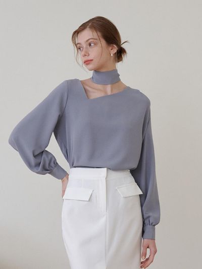 bibyseob Asymmetrical Tuck Scarf Blouse - Ash Blue