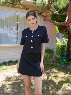 bibyseob Cropped Single Jacket and Mini Skirt Set - Black