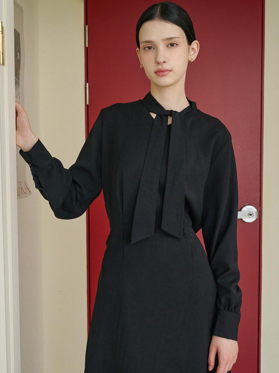 bibyseob Ribbon scarf long dress black [T43]