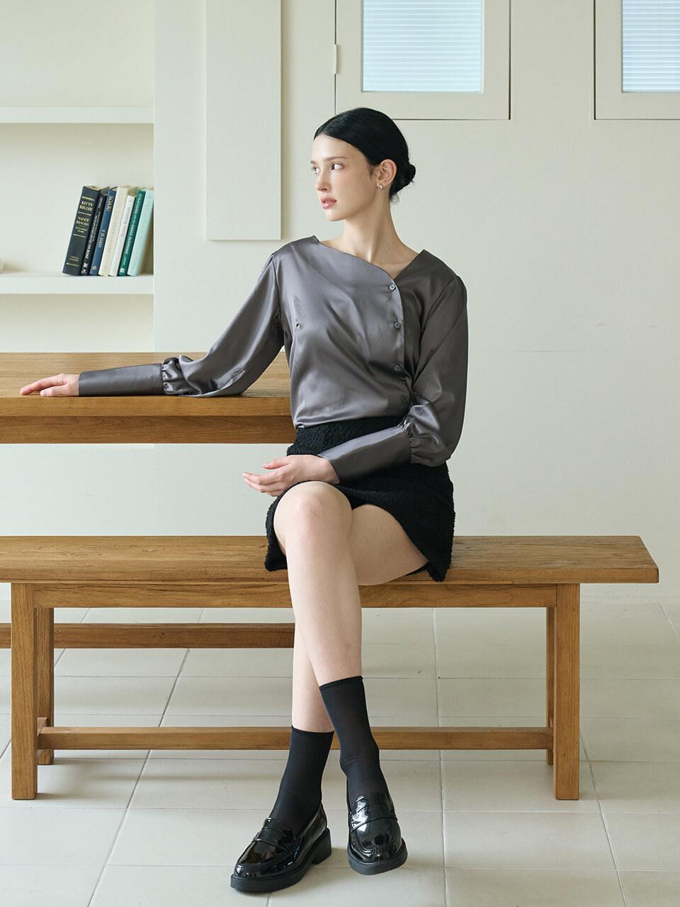 bibyseob Satin Unbalanced Round Shirt Charcoal [T43]