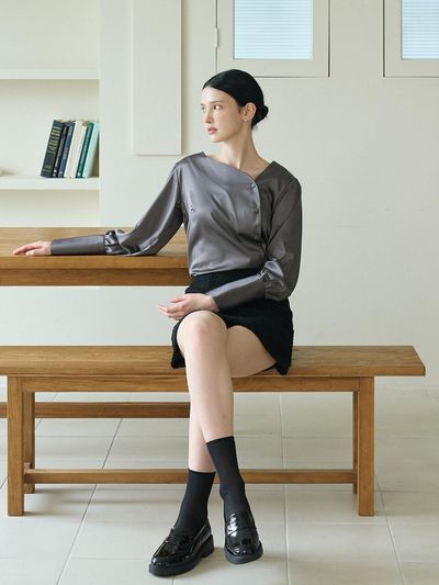 bibyseob Satin Unbalanced Round Shirt Charcoal [T43]