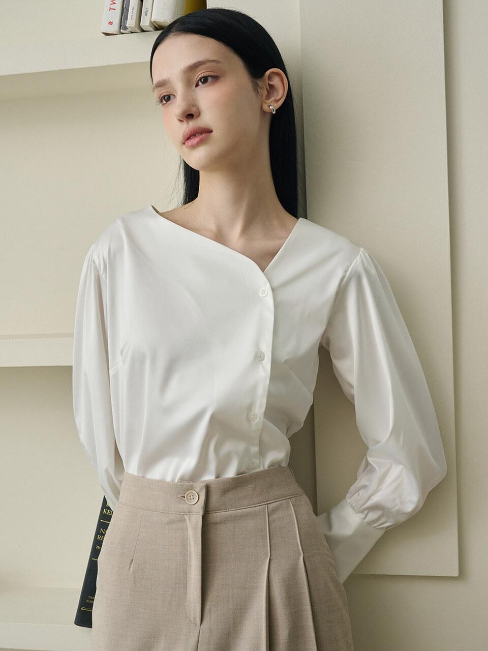 bibyseob Satin Unbalanced Round Shirt White [T43]
