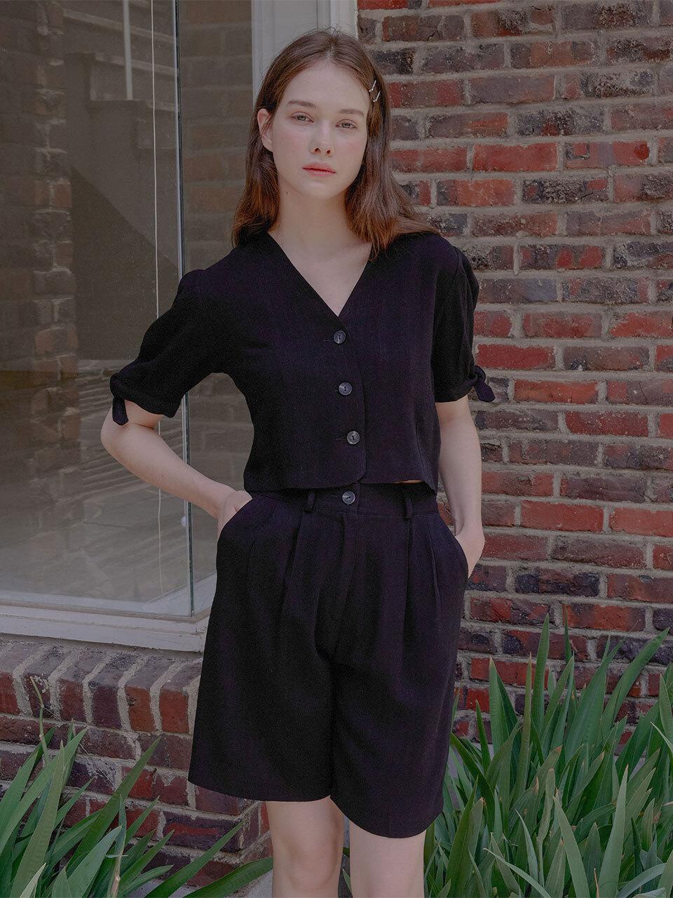 bibyseob [SET] Ribbon Tie Shirt + Bermuda Pants Black