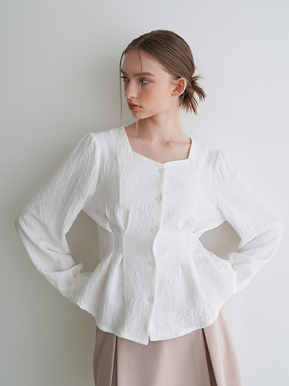 bibyseob Tuck Heart Neck Blouse White