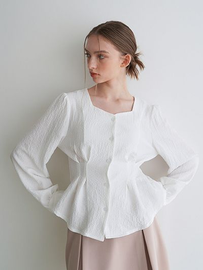 bibyseob Tuck Heart Neck Blouse White
