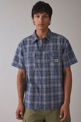Billabong Billabong Bad Dog Check Pattern Short Sleeve Shirt Top in Dark Denim, Men's at Urban Outfitters