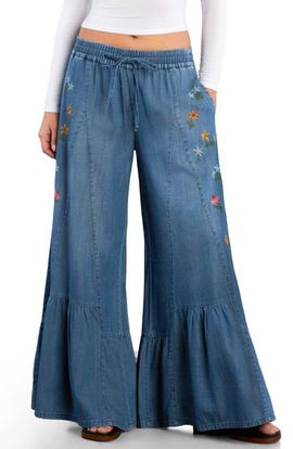 Billy T Billy T Embroidered Butterfly Drawstring Wide Leg Jeans