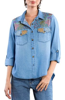 Billy T Billy T Flower Patch Embroidered Denim Button-Up Shirt 