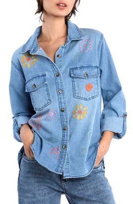 Billy T Billy T Happy Meadow Embroidered Denim Graphic Button-Up Shirt 