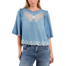 Billy T Billy T Lady Butterfly Lace Trim Chambray Top