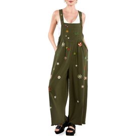 Billy T Billy T Oooh La La Embroidered Wide Leg Denim Overalls