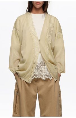 BIMBA Y LOLA BIMBA Y LOLA Long Cotton and Linen Cardigan With Lace Trim