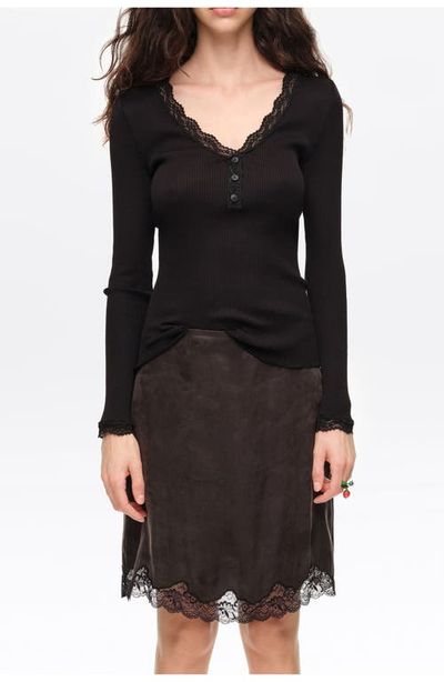 BIMBA Y LOLA BIMBA Y LOLA Ribbed V-neck Lace Trim T-shirt