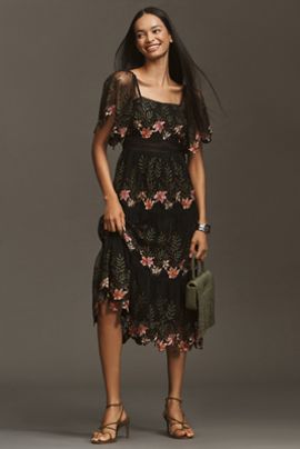 Bl-nk Emryn Embroidered Square-Neck Midi Dress
