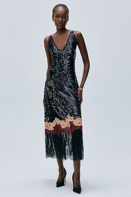 Bl-nk Rebecca Sequined Lace Trim Midi Dress