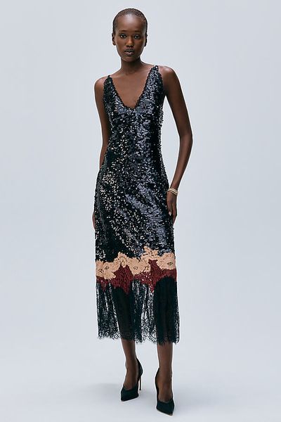 Bl-nk Rebecca Sequined Lace Trim Midi Dress