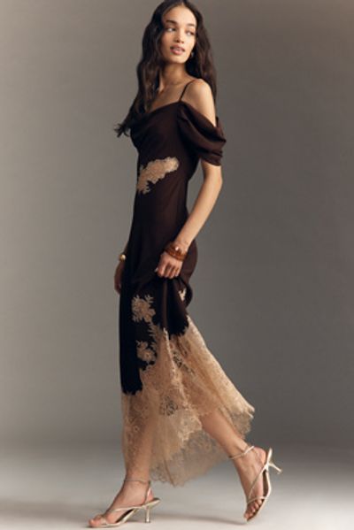 Bl-nk Satin Off-Shoulder Lace Midi Dress