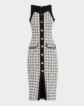 Black Halo Aura Herringbone Knit Bouclé Sleeveless Midi Dress