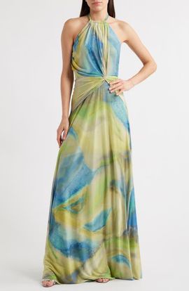 Black Halo Black Halo Neriah Abstract Print Halter Neck Mesh Gown