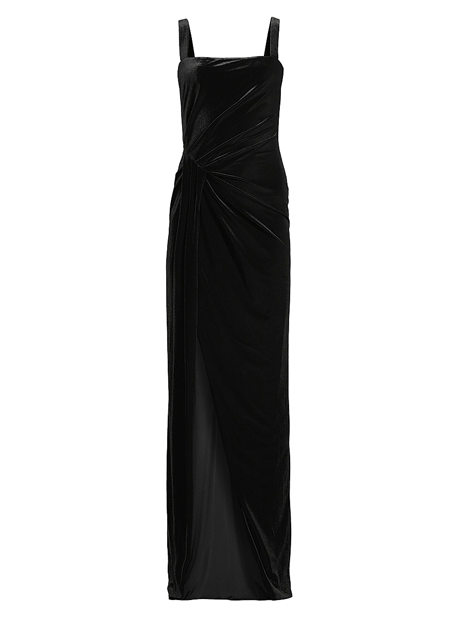 black lace long evening dress Weslyn Black Satin Lace High Slit Dress main image 1